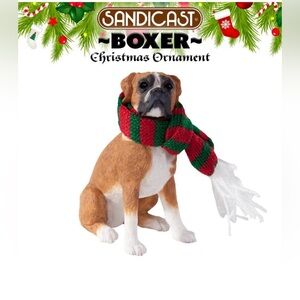 Sandicast Boxer Dog in red green scarf Christmas Ornament in original box